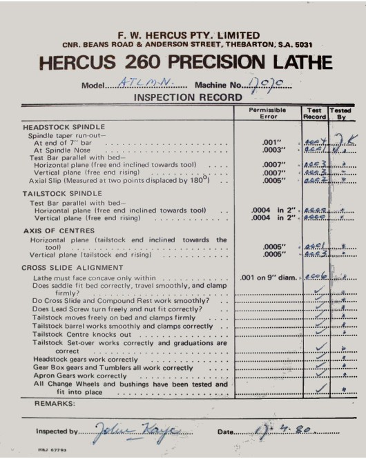 hercus lathe inspection record----part No.hir-01