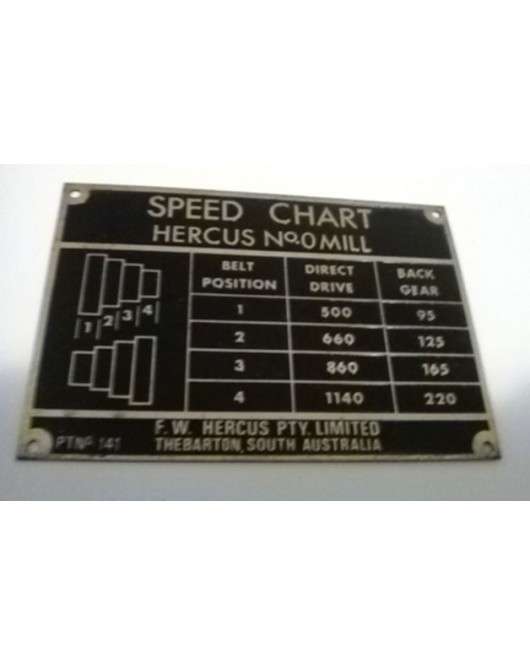 NEW Hercus 0 mill speed chart 95-1140-- Part No.10L0141