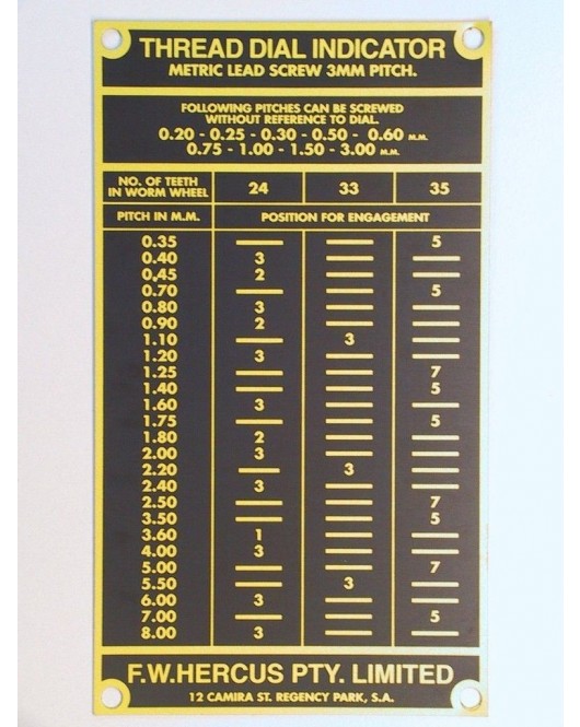 NEW Hercus metric thread dial chart--part No.5H963