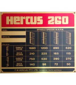 NEW genuine Hercus 260 standard speed chart--part No.5H151