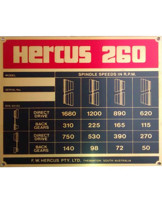 NEW genuine Hercus 260 standard speed chart--part No.5H151