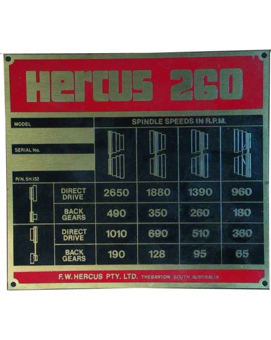 NEW hercus 260 high speed chart--part No.5h152