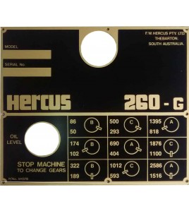 NEW Hercus 260G speed chart--part No.5H376