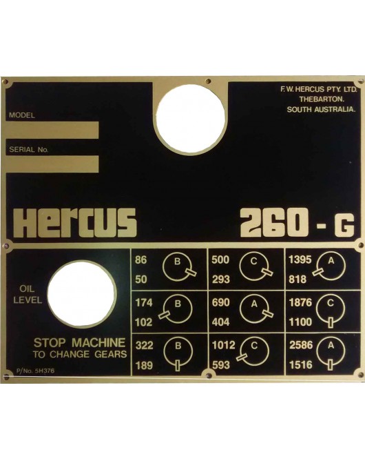 NEW Hercus 260G speed chart--part No.5H376