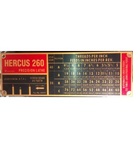 NEW Hercus 260- Model AT imperial gearbox index chart--Part No.5H591