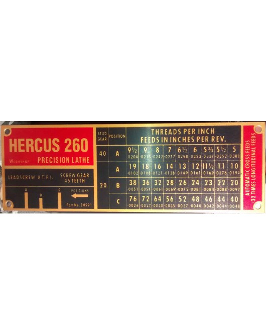 NEW Hercus 260- Model AT imperial gearbox index chart--Part No.5H591