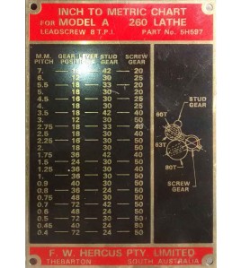 NEW hercus 260 A- inch to metric thread chart--part No.5H597